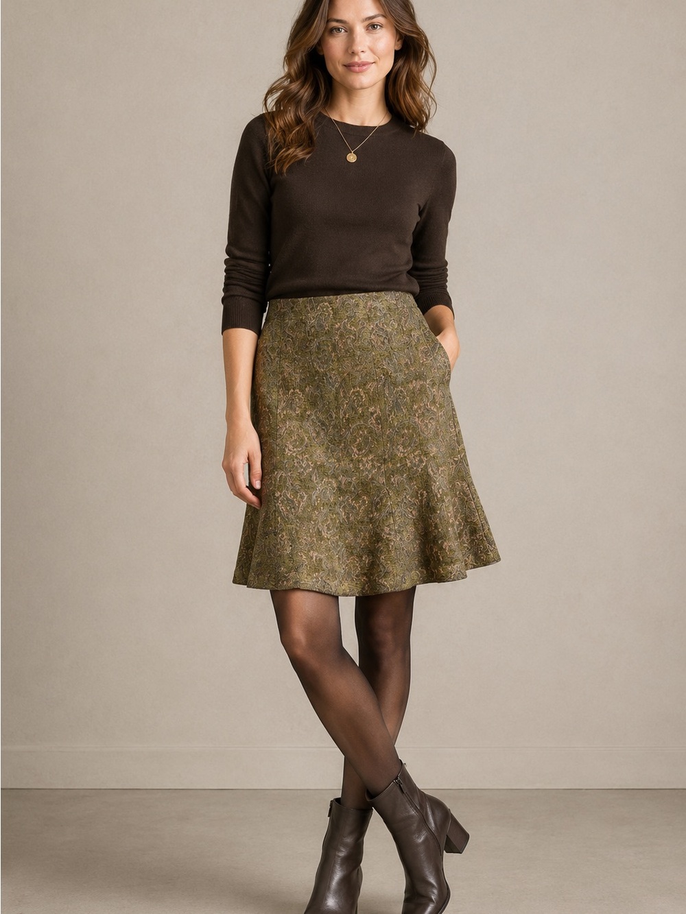 Vintage Charles Gray London Runway Skirt Size 4 Bronze Paisley Green Textured